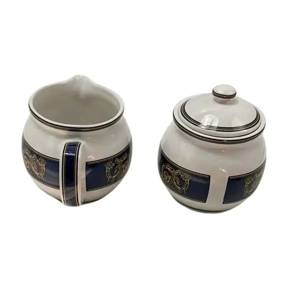 Tetley Tea Lot 2 Cream and Sugar Bowl White Blue Gold  Ceramic 1980s - Picture 2 of 9